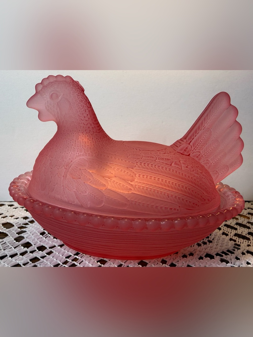 Frosted Pink Glass Hen on Nest